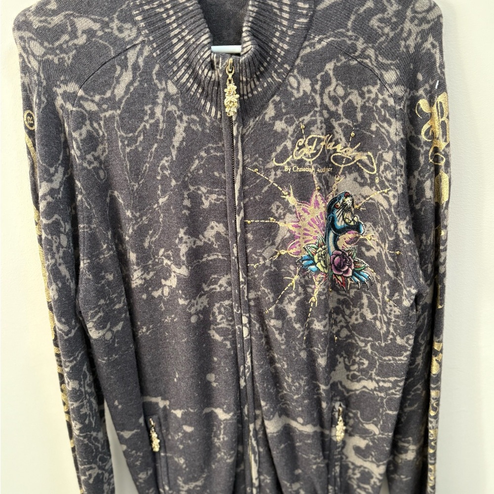 Vintage Ed Hardy Charcoal Jacket with Vibrant Embroidery